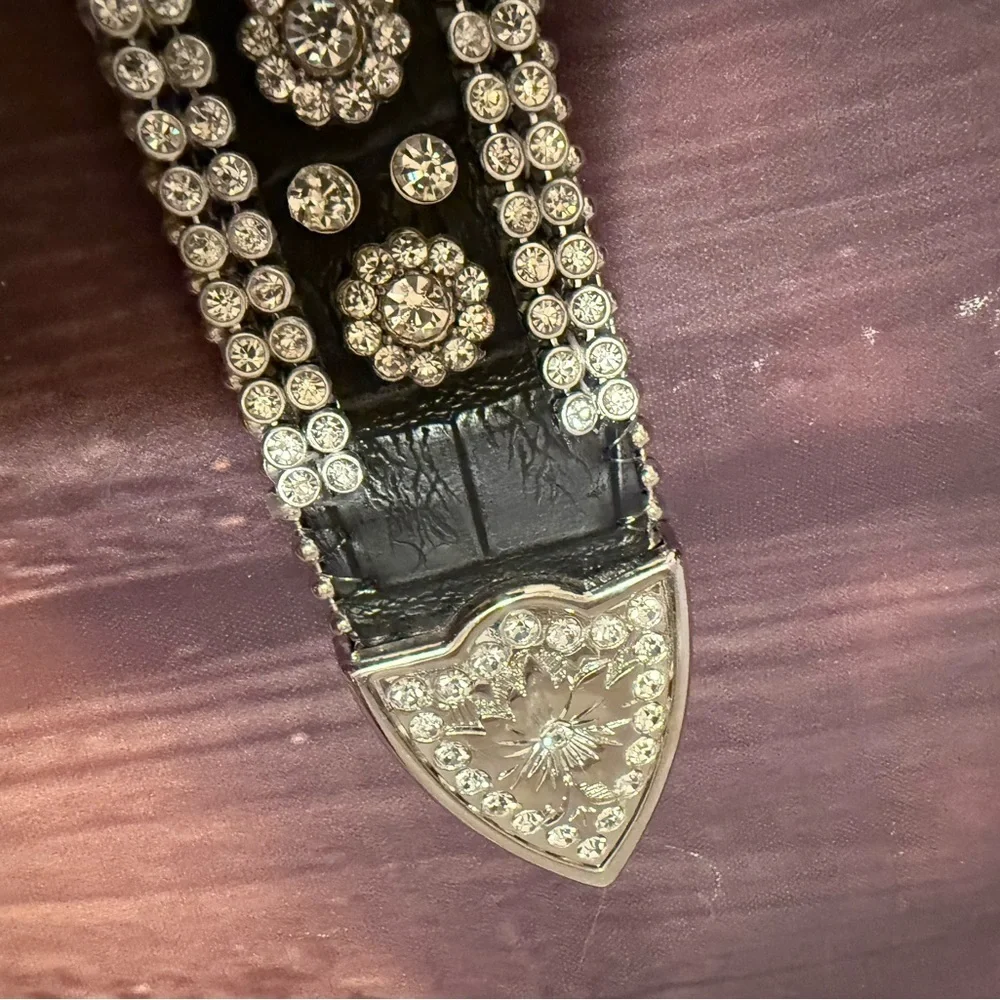 Western Rhinestone Belt-Black genuine leather crystal studded belt 39”long.